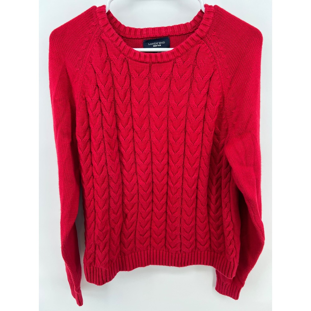 Lands End Women L Drifter Cable Knit Sweater Red Crew Neck Cotton Fisherman
